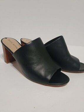 Via Spiga Black Leather Mule Heels Women's Size 10 EUR 40 Open Toe Slide Sandals
